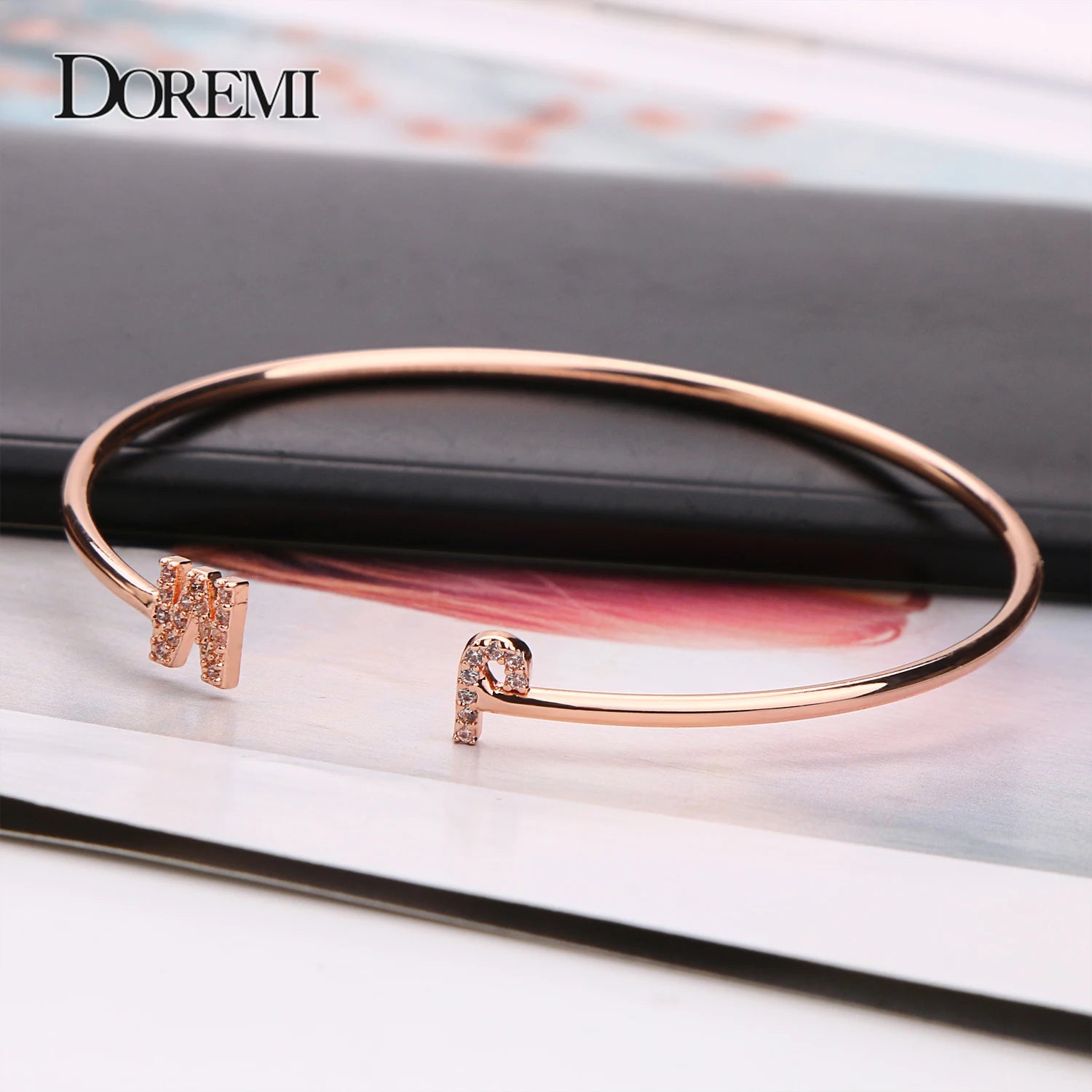 DOREMI Custom Letter Bracelet Baby bangle Zirconia Pave Setting Initial bracelet Child & Adult size for  Unique Cuff Jewelry
